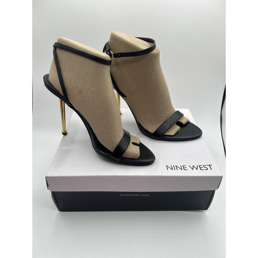 Nine West Shoes Womens Size 9‎ Black WNREINA3 Strappy Gold Heel Sandals